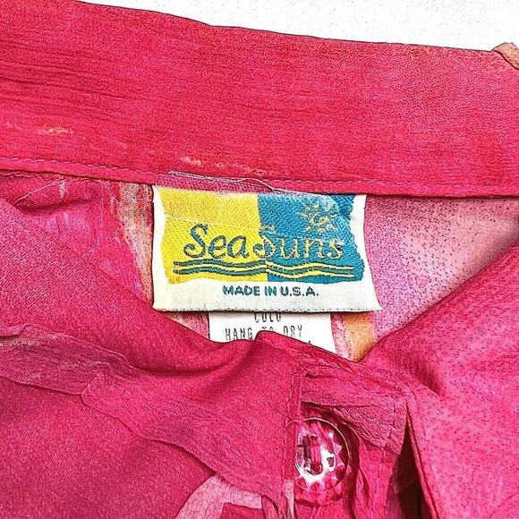 Sea Suns Vintage Floral Blouse Pink Sheer Ruffled Button Up Women's Medium 90s - Picture 3 of 12